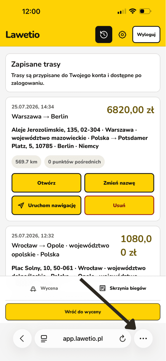 Lawetio otwarte w Safari z zaznaczonym przyciskiem menu przeglądarki