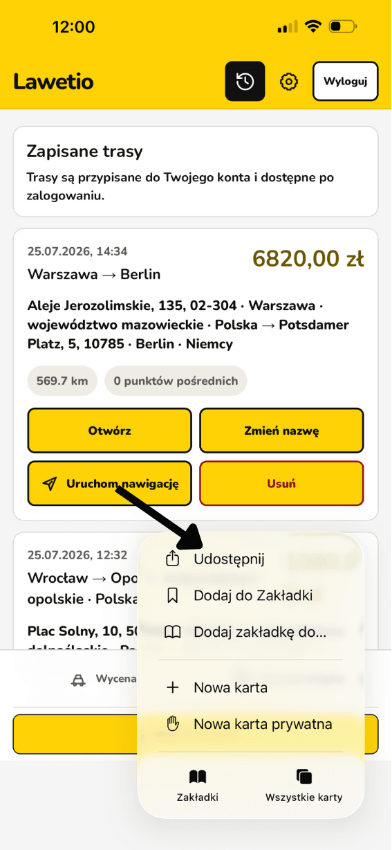 Menu Safari z zaznaczoną opcją Udostępnij