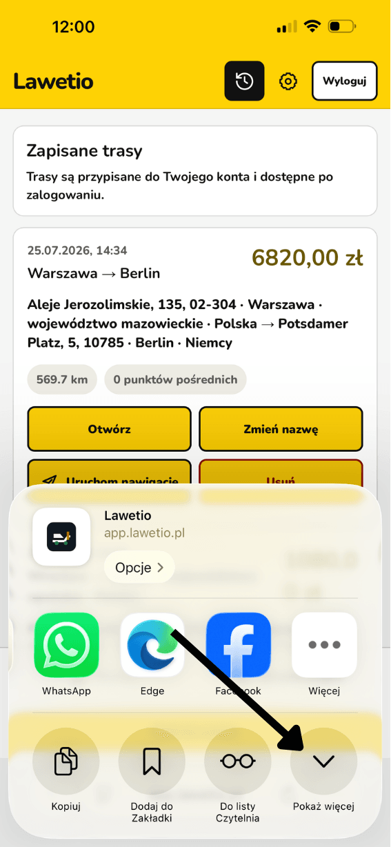 Panel udostępniania Safari z zaznaczonym przyciskiem Pokaż więcej