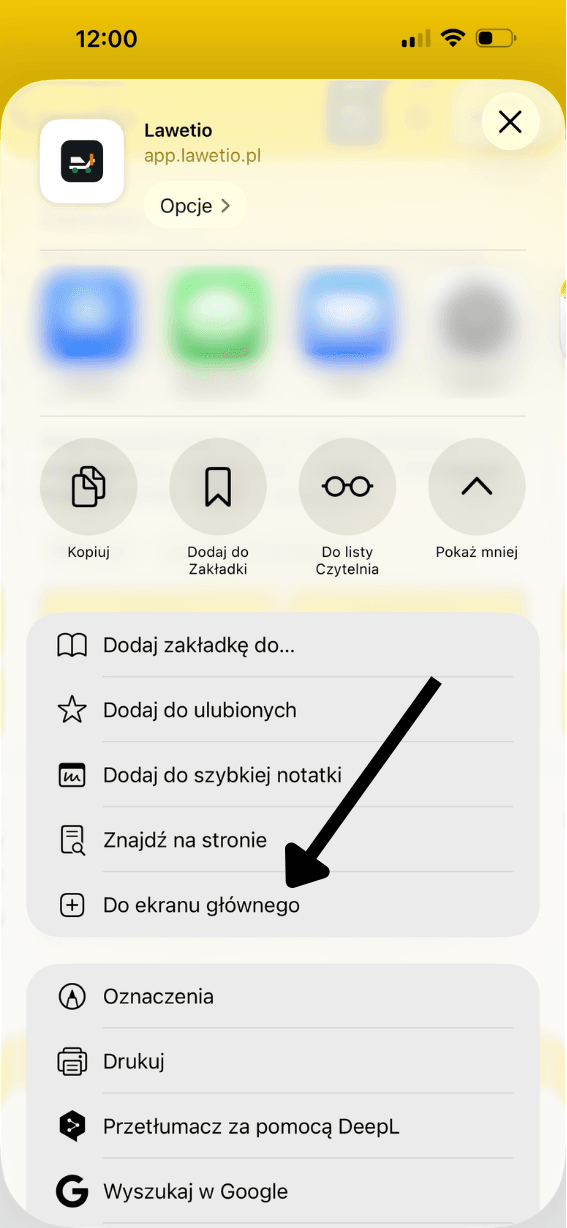 Rozwinięty panel Safari z zaznaczoną opcją Do ekranu głównego