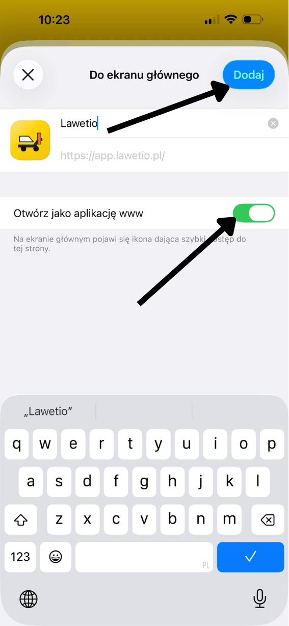 Ekran dodawania Lawetio do ekranu głównego iPhone