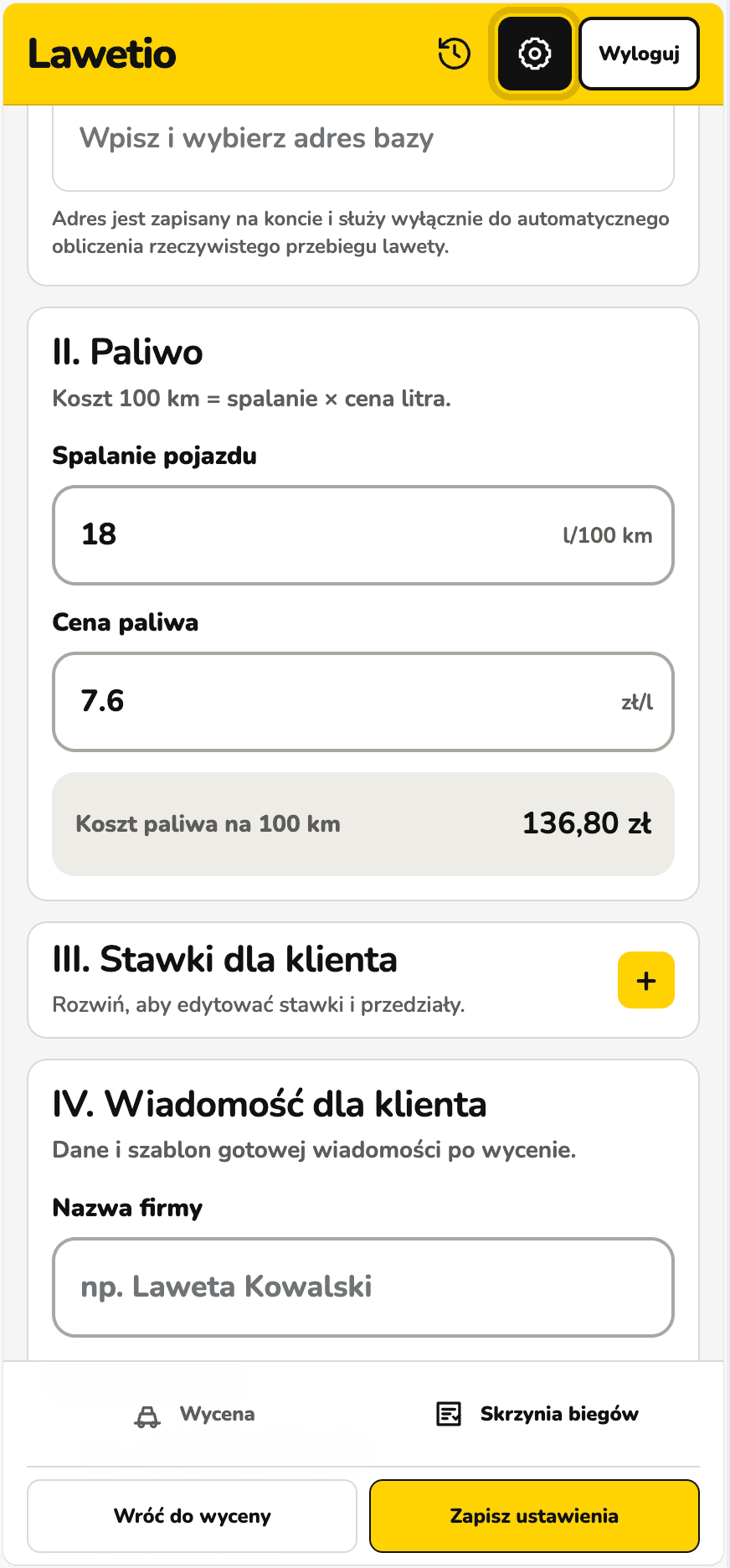 Ekran ustawień Lawetio ze spalaniem pojazdu i stawkami dla klienta