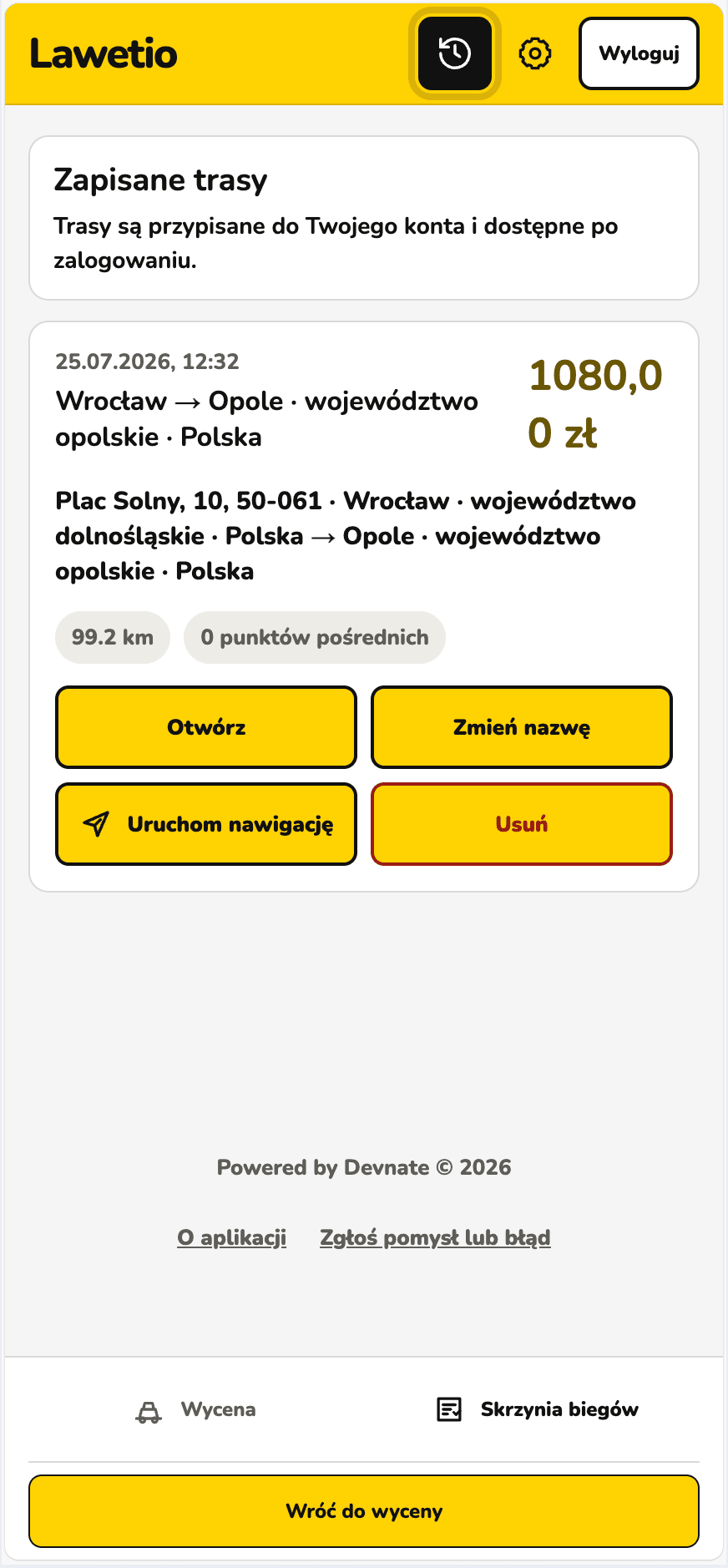 Historia zapisanych tras i wycen w aplikacji Lawetio
