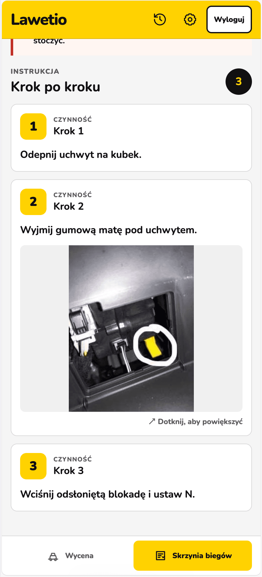 Instrukcja przełączenia automatycznej skrzyni biegów z pozycji P na N w aplikacji Lawetio